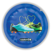 Blue condom wrapper displaying soccer shoes with strings
