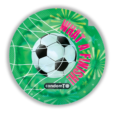 Green condom wrapper reads 'what a finish' and a picture of soccer ball