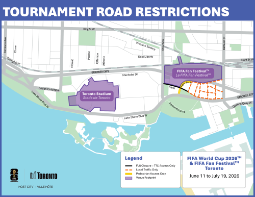 A map of the area around Toronto Stadium and FIFA Fan Festival near Lake Shore Blvd. West between Bathurst Street and Jameson Ave. Several roads are marked with orange dotted lines indicating "local traffic only" from June 11 to July 19. Accessibility Support: If you require this information in an alternative format or need assistance interpreting this map, please contact Anu Saini who works for Transportation Services at the City of Toronto at 416-392-7482.