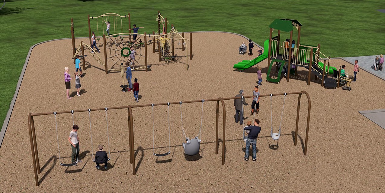 A rendering of Playground Design C looking towards the south. From left to right, the design includes a swing set, a stand-up spinner, a senior climbing circuit play structure, a spring toy, and a junior play structure. The structures are shown in beige, brown, and green.