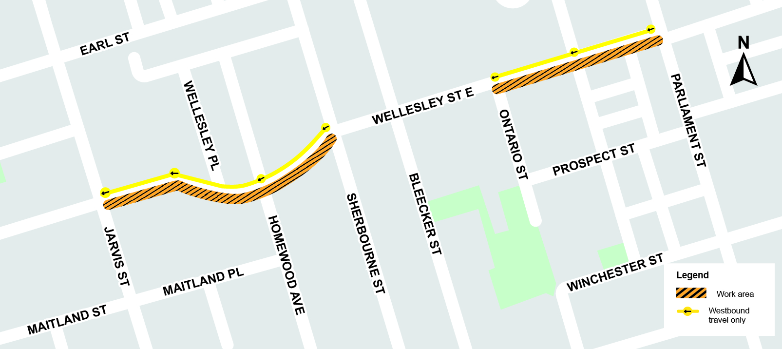 Map showing westbound travel travel on Wellesley Street East from on Wellesley Street East between Jarvis Street and Sherbourne Street and on Wellesley Street East between Ontario Street to Parliament Street. 