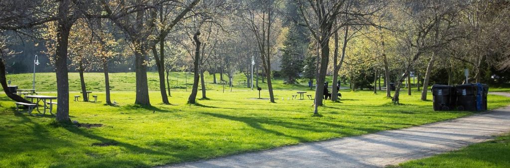 A paved path runs through a green park with scattered deciduous trees in early spring, picnic tables, lamp posts, and waste bins, with a wooded hillside in the background.