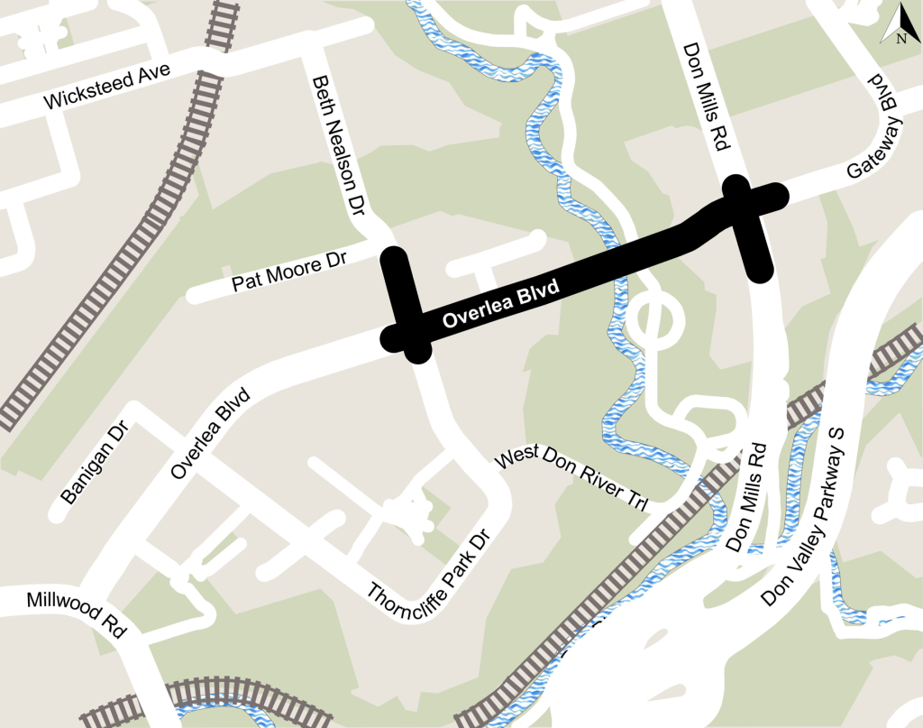 Map showing construction area on Overlea Boulevard from Thorncliffe Park Drive East to Gateway Boulevard.