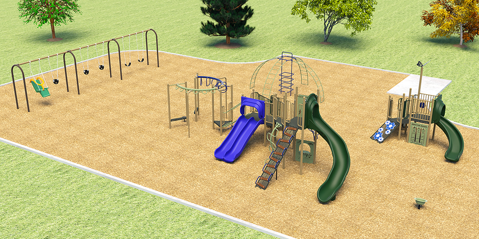 A rendering of Playground Design A, looking towards the southwest. From left to right, it includes a swing set, a senior play structure, a freestanding climbing structure, a junior play structure, and a seat spinner. The structures are shown in beige, brown, green, and blue.