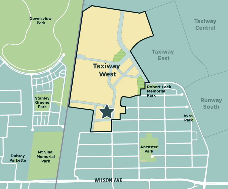 A map highlighting the Taxiway West area in Toronto, with a star marker indicating a specific location within the neighbourhood, bordered by Wilson Avenue to the south and surrounded by nearby parks and districts.