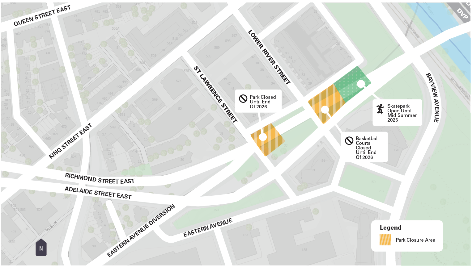 Map of area of Underpass Park which is closed from till end of 2026. Please contact Maria Lippa at 416-495-4214 or email EastAdelaideBrdg@morrisonhershfield.com