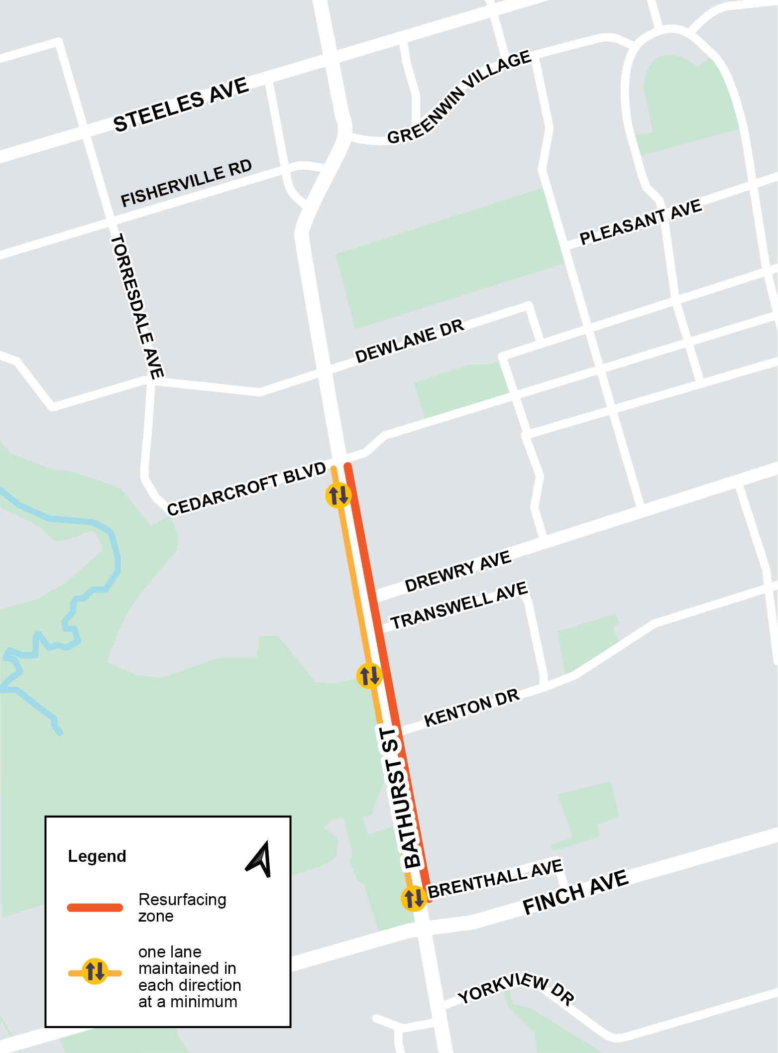 Map of work area for Phase four Cycle track installation, pedestrian safety improvements, TTC improvements and road resurfacing from Cedarcroft Boulevard to Brenthall Avenue along Bathurst Street . If you have any questions please contact Mark De Miglio at bathurstconstruction@toronto.ca or call 416 395 7178.