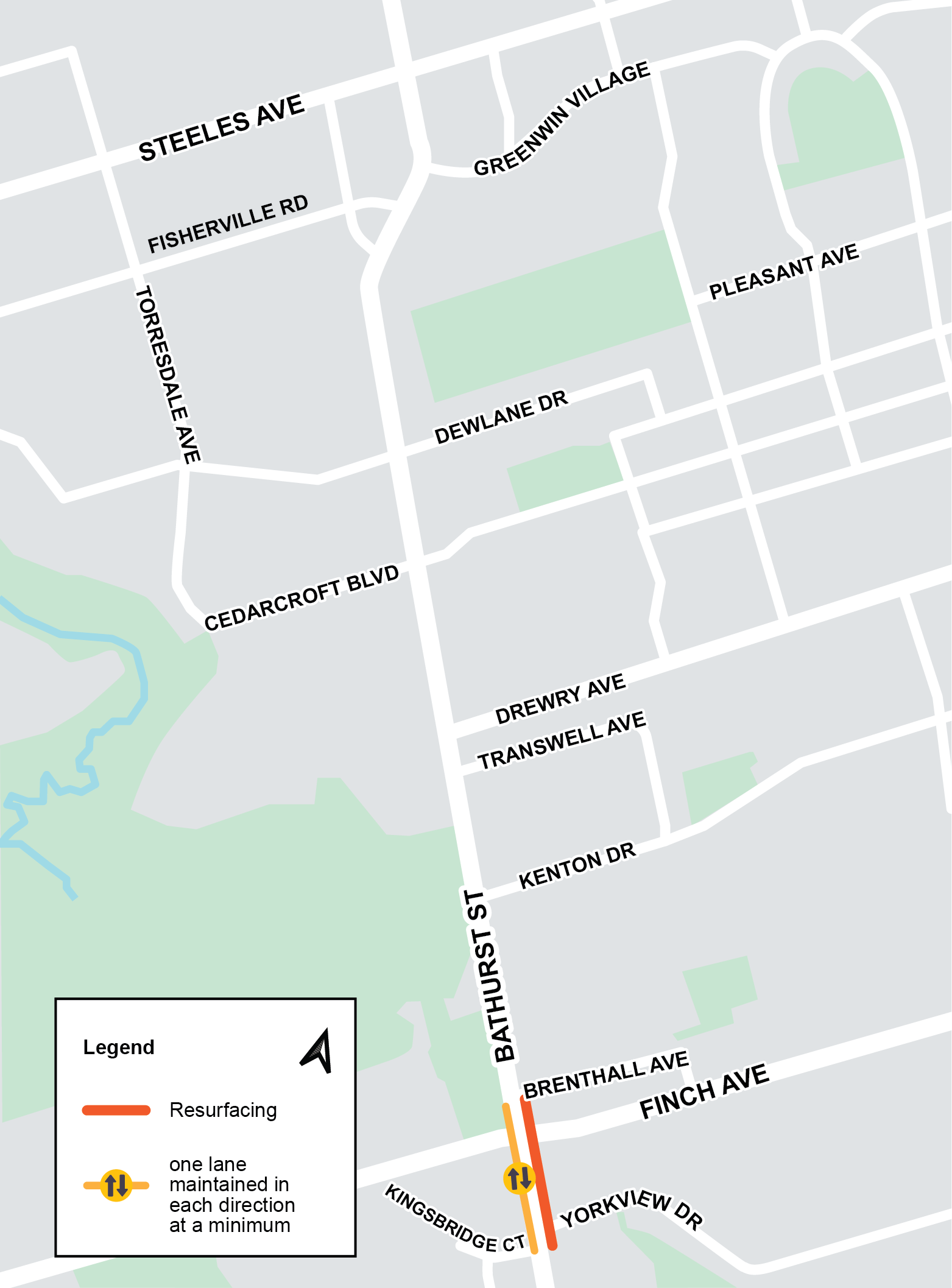 Map of work area for Phase five Cycle track installation, pedestrian safety improvements, TTC improvements and road resurfacing from Brenthall Avenue to Yorkview Drive along Bathurst Street. If you have any questions please contact Mark De Miglio at bathurstconstruction@toronto.ca or call 416 395 7178.