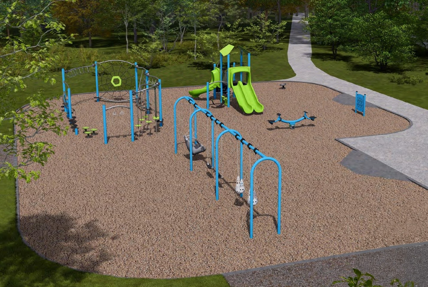 The final design for the new Prairie Drive Park playground, which has been refined based on community feedback. It will be bright colours, like lime green and sky blue and will include the play features listed below.