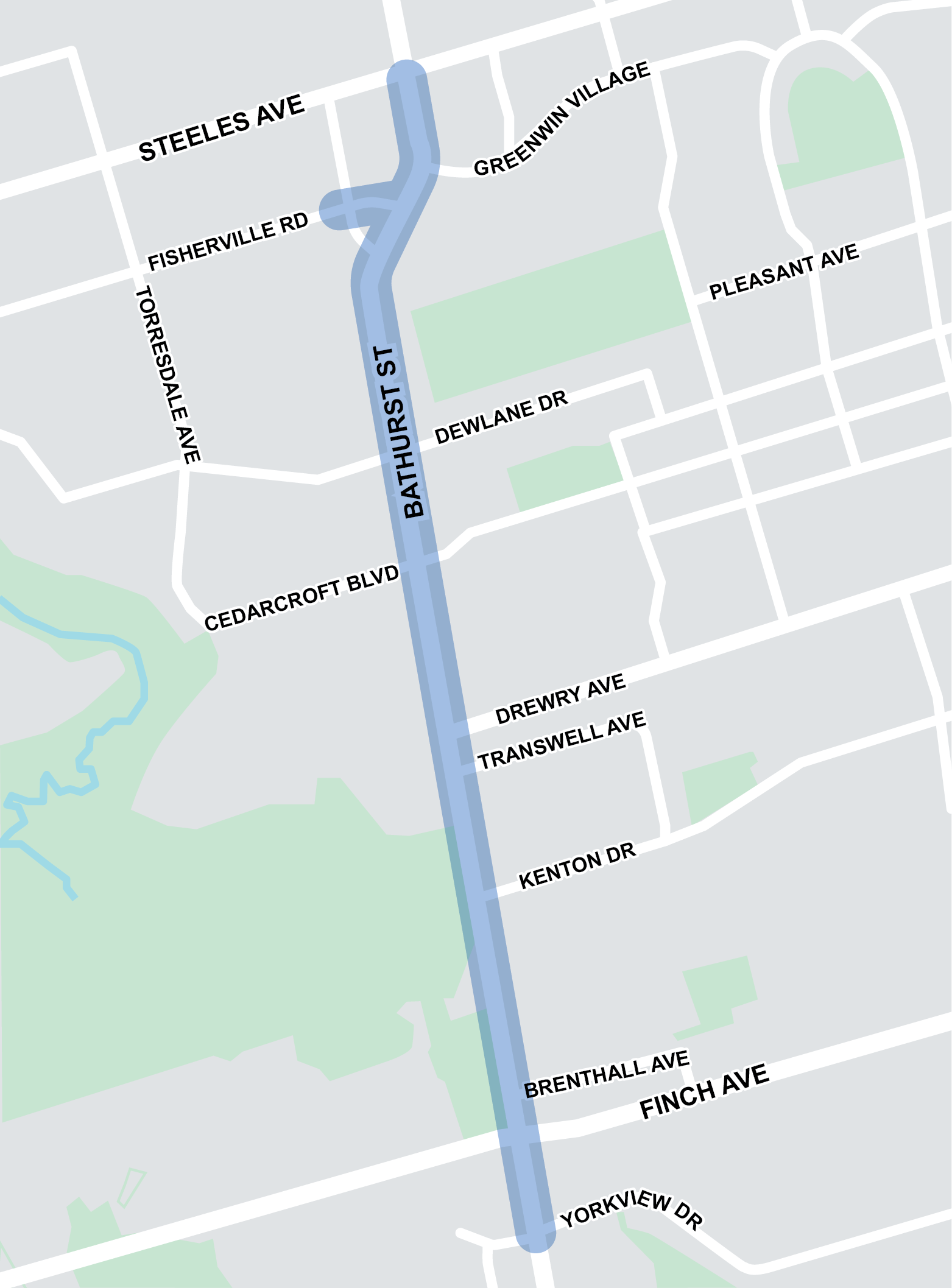 Map of work area is along Bathurst Street from Steeles Avenue to Kingsbridge Court. If you have any questions please contact Mark De Miglio at bathurstconstruction@toronto.ca or call 416 395 7178.