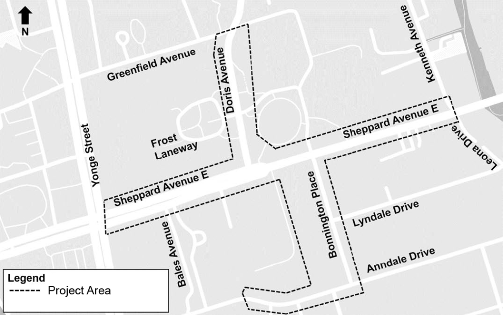 Map outlining the Doris Avenue Extension project area, extending from Doris Avenue at Greenfield Avenue to Sheppard Avenue East, including Bonnington Place, Tradewind Avenue, and Sheppard Avenue East between Yonge Street and Kenneth Avenue/Leona Drive.