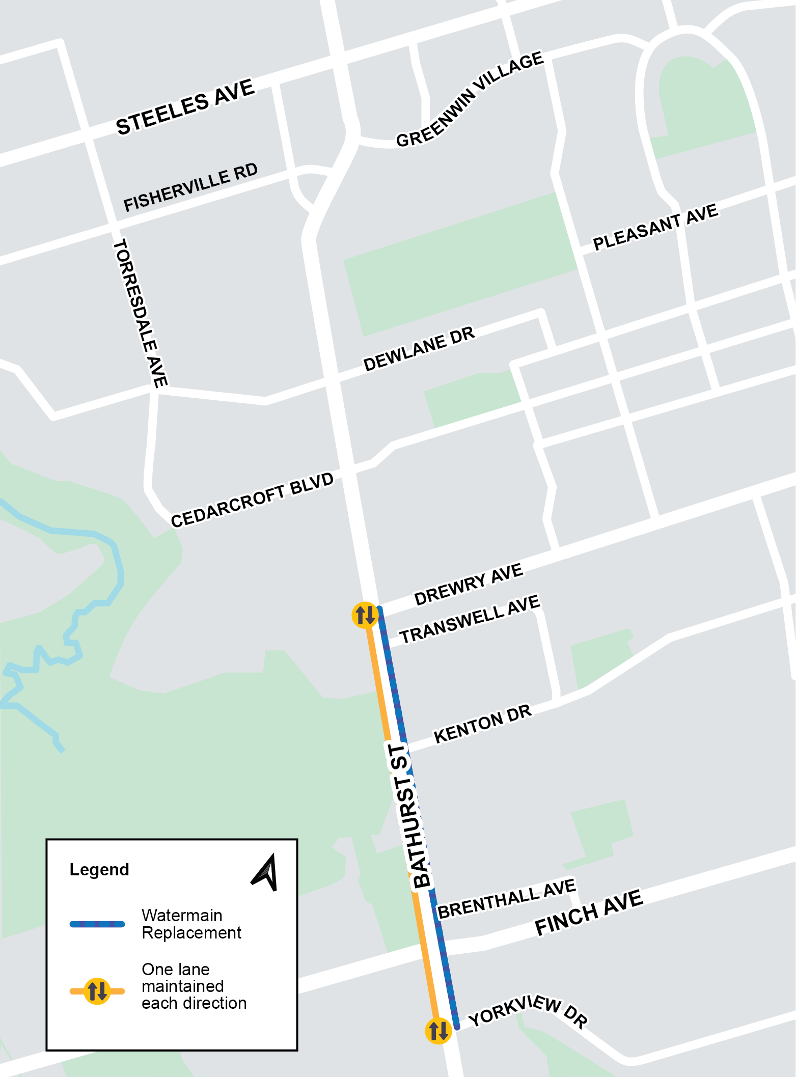 Map of work area for Phase two Watermain replacement on Bathurst Street from Drewry Avenue to Yorkview Drive. If you have any questions please contact Mark De Miglio at bathurstconstruction@toronto.ca or call 416 395 7178.