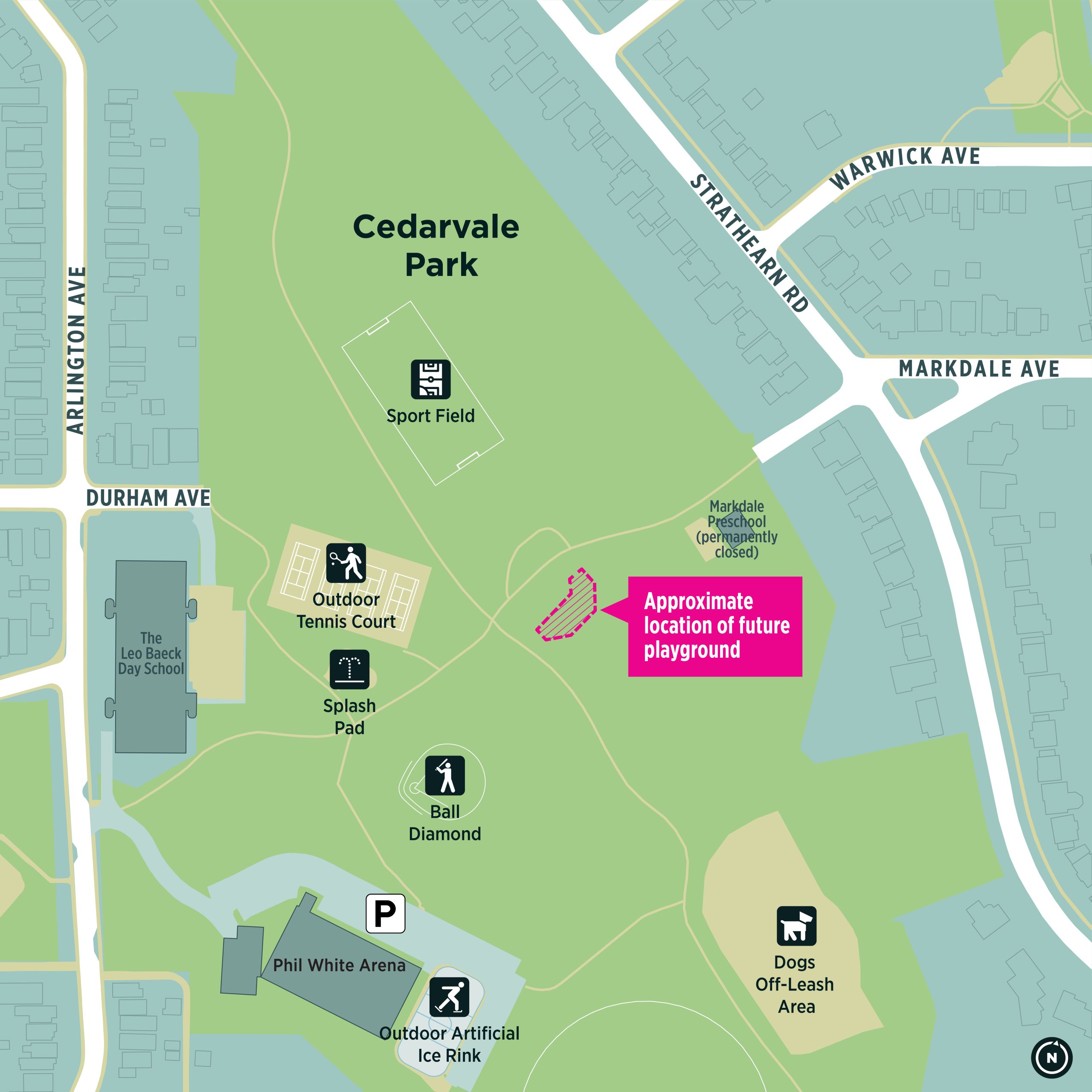 Map of Cedarvale Park showing park amenities and the approximate location of the new playground outlined in magenta near the main pathway intersection. It is about 100 metres west of the current Markdale Preschool site and positioned at the bottom of the hill with a setback from the main paths.