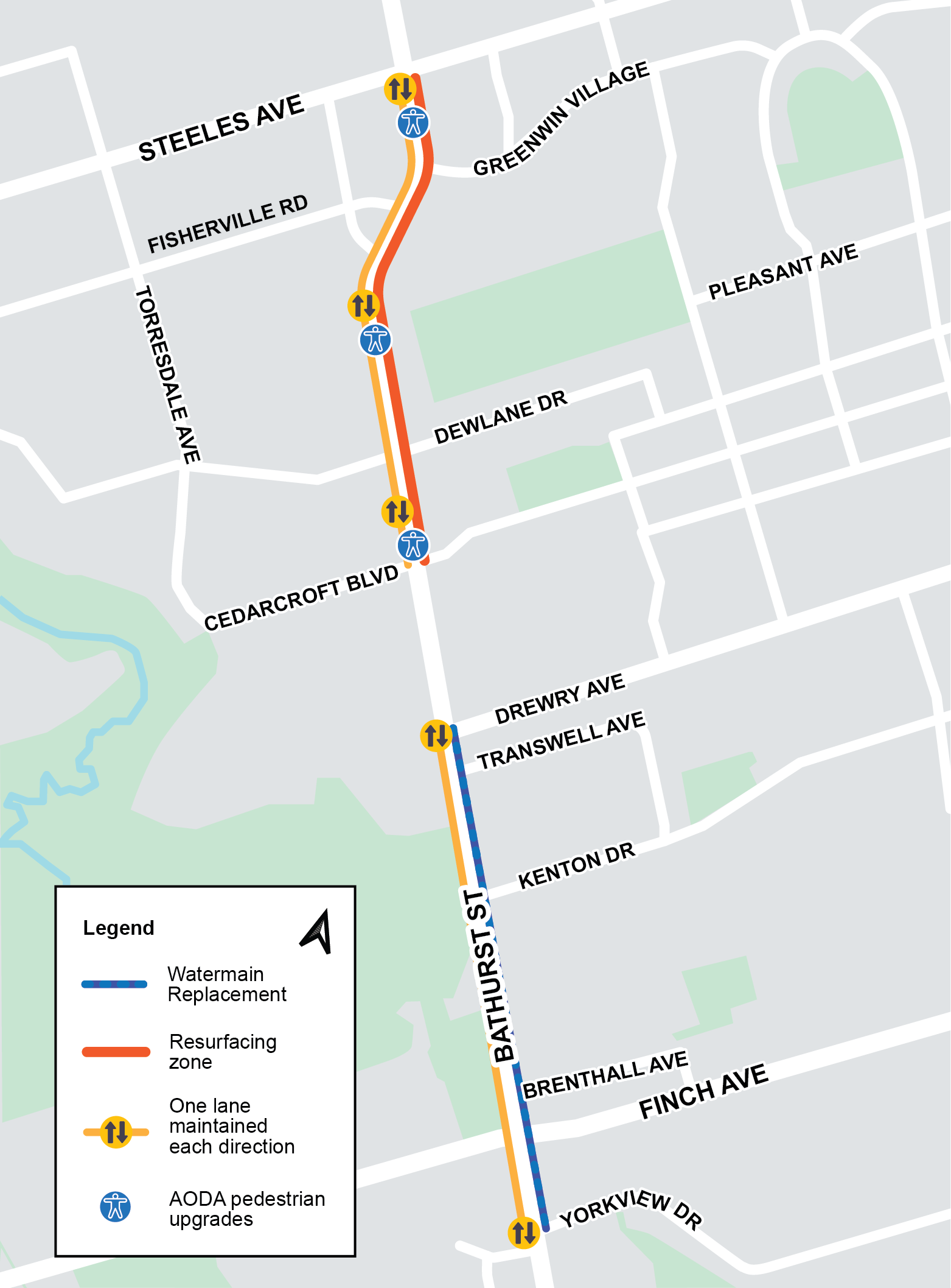 Map of work area for Phase three Cycle track installation, pedestrian safety improvements, TTC improvements and road resurfacing from Steeles Avenue West to Cedarcroft Boulevard. If you have any questions please contact Mark De Miglio at bathurstconstruction@toronto.ca or call 416 395 7178.