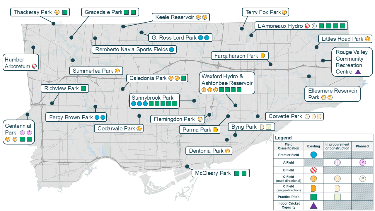 Map of existing and planned cricket facilities in Toronto. 