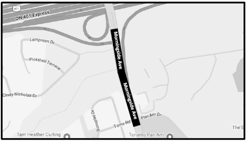 map of construction area: west and east sides of Morningside Avenue from Tams Road/Pan Am Drive to the Highway 401 eastbound off-ramp and on-ramp.