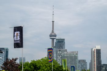 Toronto skyline with FIFA World Cup 2026 street flags
