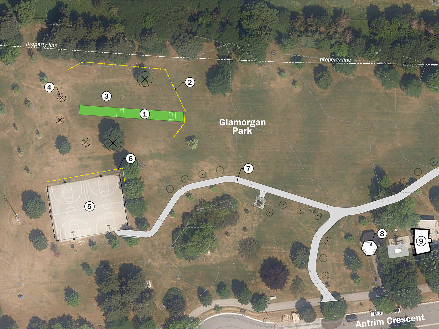 Aerial photo of Glamorgan Park with planned new and existing facilities labelled. 