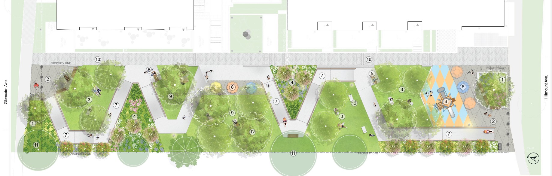 Site plan of the final design for the new park at 2788 Bathurst Street. The image is in landscape orientation, with Glencairn Avenue on the left indicating the north side and Hillmount Avenue on the right indicating the south side of the park.