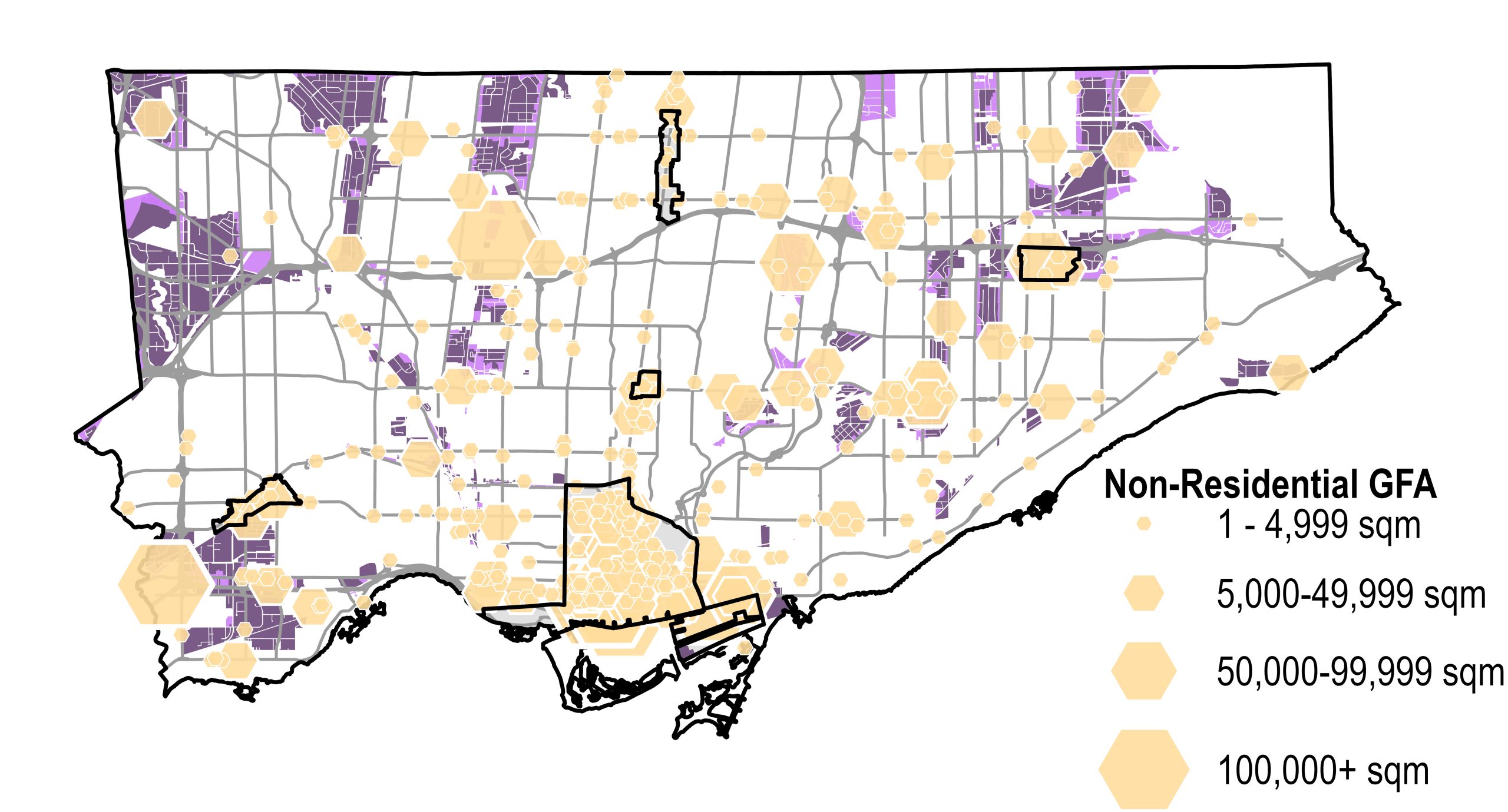 A map of Toronto showing the distribution of approved non residential gross floor area using light orange hexagonal symbols of varying sizes. Larger hexagons represent greater amounts of approved floor space, grouped into four ranges in the legend: 1–4,999 square metres, 5,000–49,999 square metres, 50,000–99,999 square metres, and 100,000 square metres or more. Approved non residential space is distributed across the city, with notable concentrations in the downtown area, along major transportation corridors, and in several employment areas to the north and west, visible as purple background shading. Black outlined areas highlight specific focus locations within the city: Downtown and the Central Waterfront, the four Centres: Yonge Eglinton Centre, North York Centre, Etobicoke Centre and Scarborough Centre.