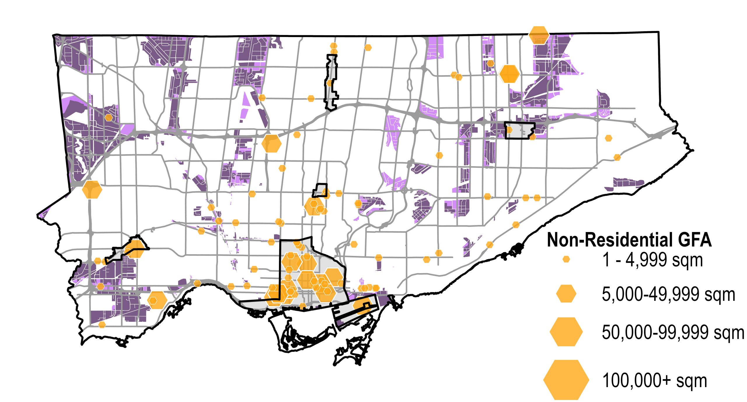 A map of Toronto showing non residential gross floor area at the permit application stage, represented by yellow-orange hexagonal symbols of varying sizes. Hexagon size corresponds to four floor area ranges shown in the legend: 1–4,999 square metres, 5,000–49,999 square metres, 50,000–99,999 square metres, and 100,000 square metres or more. Permit application activity is relatively dispersed, with smaller and mid sized projects spread across the city and a more concentrated cluster in the downtown core and along the waterfront. Purple shaded areas in the background represent employment areas. Black outlined areas highlight specific focus locations within the city: Downtown and the Central Waterfront, the four Centres: Yonge Eglinton Centre, North York Centre, Etobicoke Centre and Scarborough Centre.