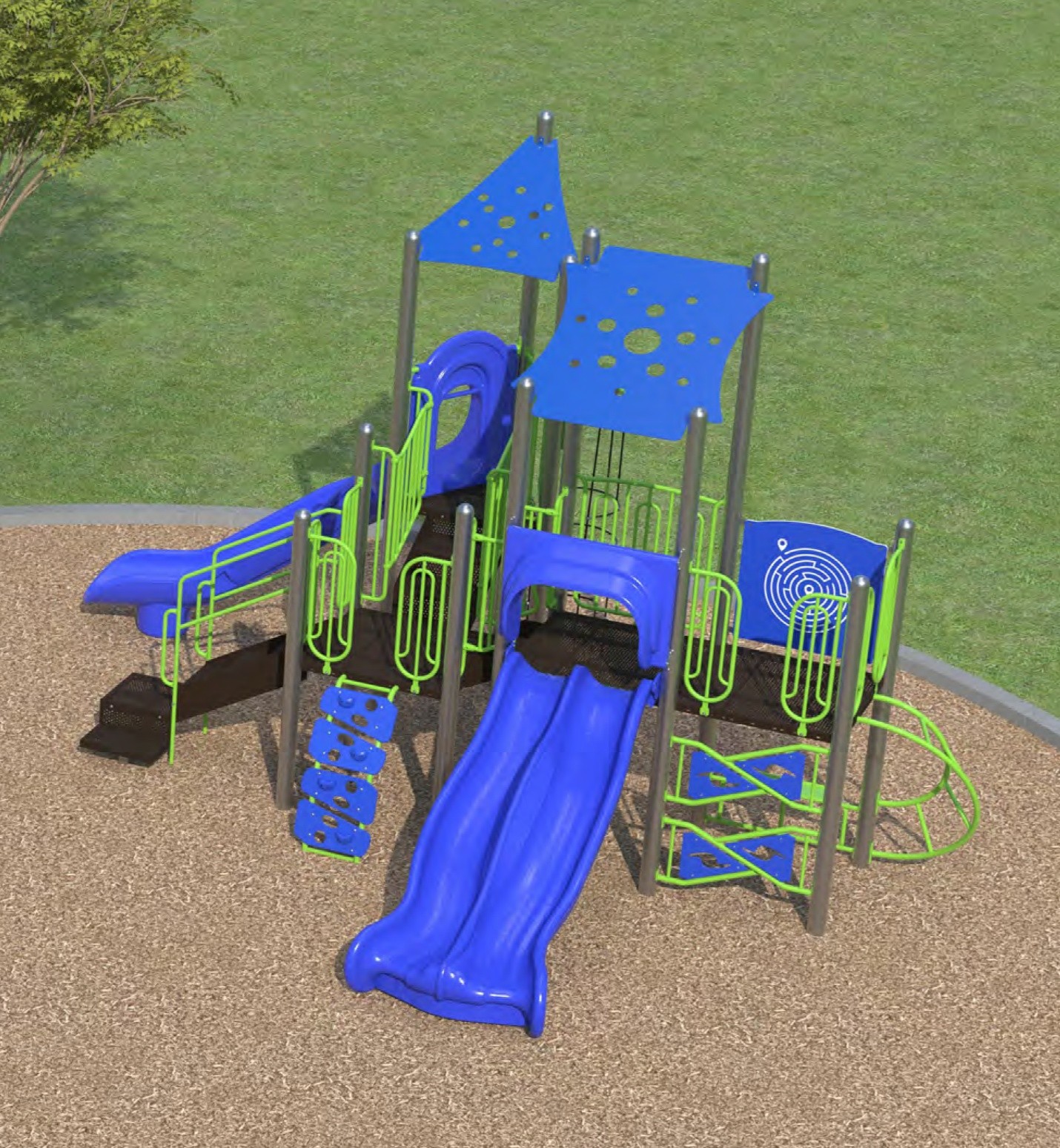 A rendering of the senior play structure from Playground Design A looking towards the northwest. From left to right the play structure includes a curved slide, a transfer station, a climbing option, two roofs for shade, a rope climbing option, a double slide, an activity play panel, and two climbing options. The structure is shown in blue, green, grey and brown.
