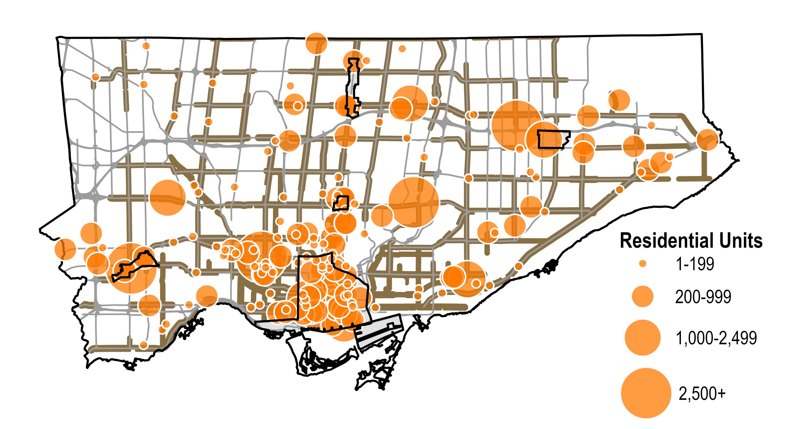 A map of Toronto illustrating the distribution of residential units with permits issued, shown using dark orange circular symbols of varying sizes. Larger circles represent higher numbers of issued units, grouped into four size categories: 1–199, 200–999, 1,000–2,499, and 2,500 or more units. Issued permits are primarily clustered in the downtown , particularly near the waterfront, with smaller concentrations appearing along key corridors in the east and west ends and limited activity in outer areas. Black outlined areas highlight specific focus locations within the city: Downtown and the Central Waterfront, the four Centres: Yonge Eglinton Centre, North York Centre, Etobicoke Centre and Scarborough Centre.