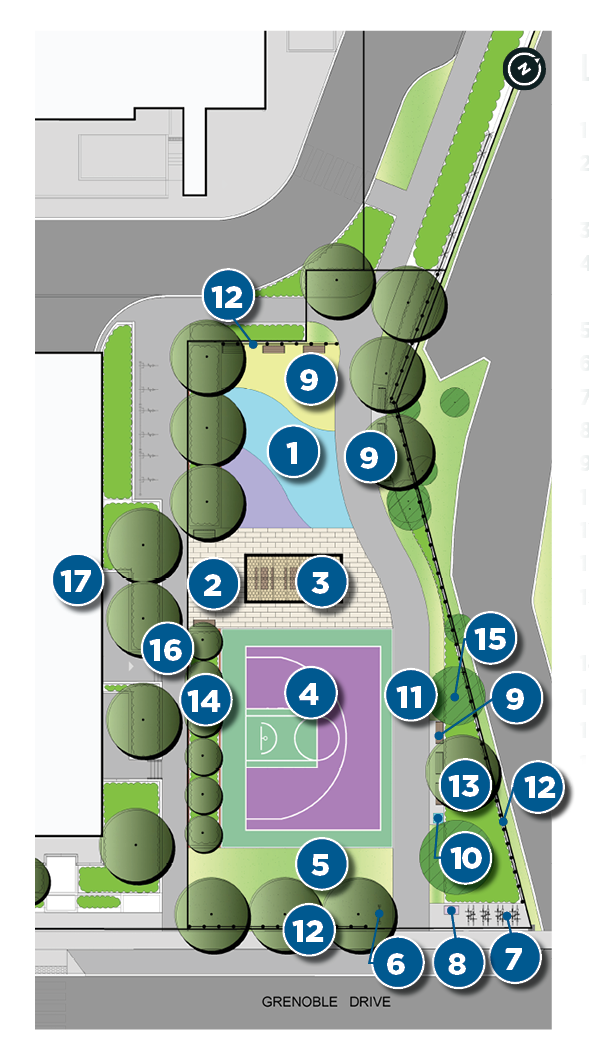 Concept plan for Design Option 1 with numbers that correspond to the list of features immediately after the image. The plan shows a compact urban park with a splash pad at the north end, a central gathering space and a half basketball court in the middle.