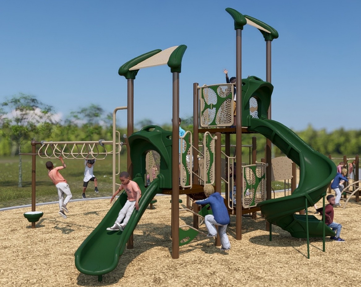 A rendering of the senior play structure from Playground Design C looking towards the southwest. From left to right the structure includes a step pod, two overhead climbing options, a climbing option, a roof for shade, a curved slide, another climbing option, a second storey spiral slide, a roof for shade, and an activity play panel. The structure is shown in green, beige, and brown.