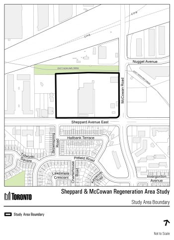 Map of the study boundary in a bold black outline and the surrounding context including the road network, property parcels and building outlines. The site is located on the north side of Sheppard Avenue East, west of McCowan Road and south of a Canadian Pacific Railway (CPR) corridor 