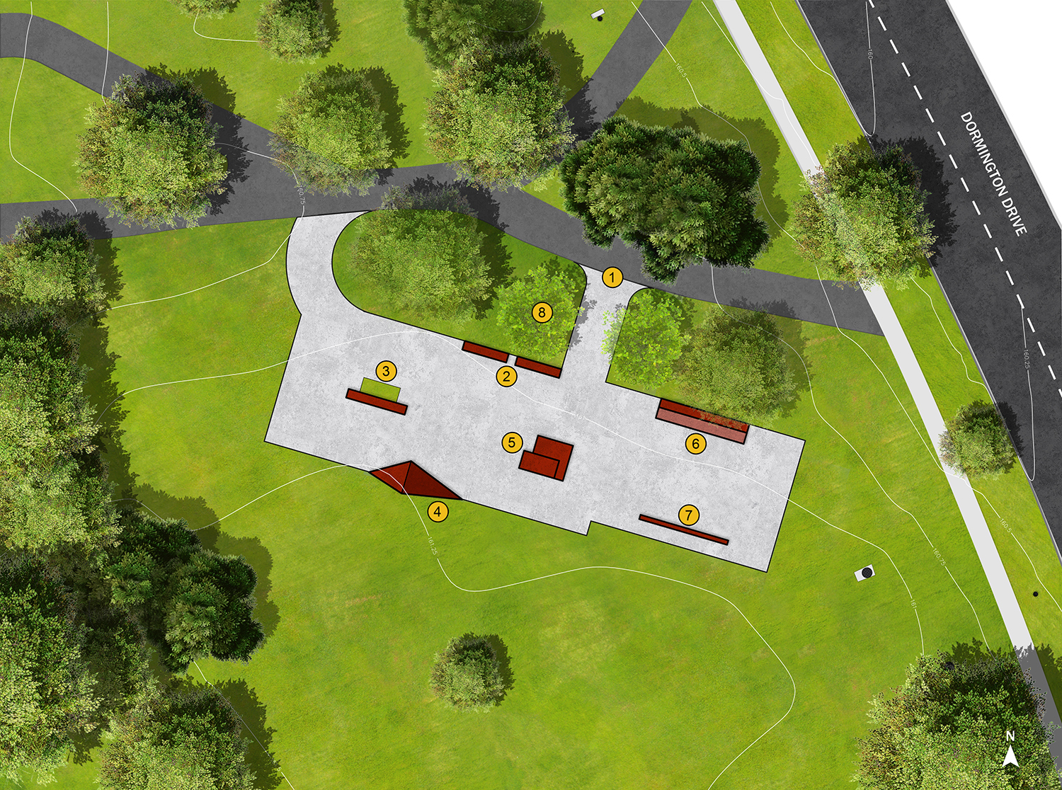 Site plan for Option 1 with rectangular shape and linear flow