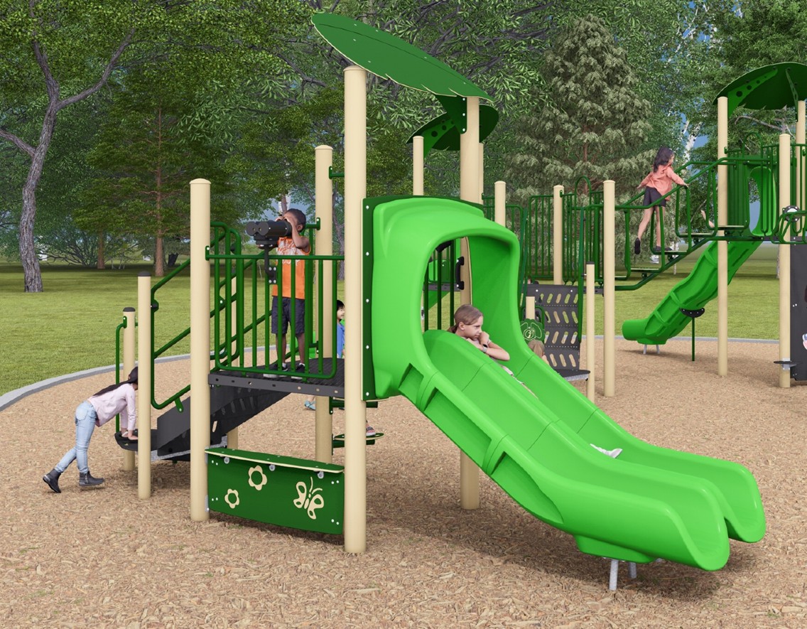 A rendering of the junior play structure from Playground Design B looking towards the northeast. From left to right the structure includes a transfer station, a telescope, a counter play panel, a climbing option, a roof for shade, and a double slide. The structure is shown in light green, dark green, beige, and grey.