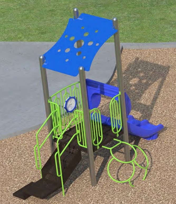A rendering of the junior play structure from Playground Design A looking towards the northwest. From left to right the play structure includes a transfer station, a roof for shade, a wheel play panel, a climbing option, and a double slide. The structure is shown in blue, green, grey and brown.