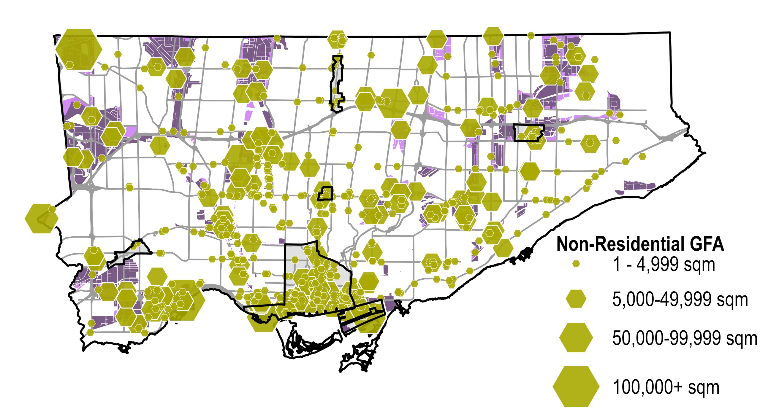 A map of Toronto illustrating non residential gross floor area under review, represented by green hexagonal symbols of varying sizes. Hexagon size corresponds to four GFA categories shown in the legend: 1–4,999 square metres, 5,000–49,999 square metres, 50,000–99,999 square metres, and 100,000 square metres or more. Projects under review are widely dispersed, with larger clusters in the downtown area, along major corridors, and within employment areas visible as purple background shading. Smaller sites appear throughout the city, including suburban areas. Black outlined areas highlight specific focus locations within the city: Downtown and the Central Waterfront, the four Centres: Yonge Eglinton Centre, North York Centre, Etobicoke Centre and Scarborough Centre.