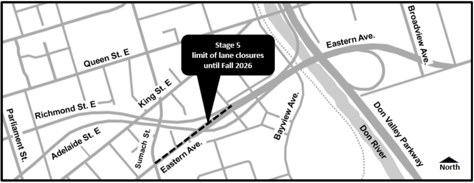 Map of work area along Adelaide Street and Eastern Avenue bridge. Please contact Maria Lippa by phone at 416-495-4214 or by email at EastAdelaideBrdg@morrisonhershfield.com