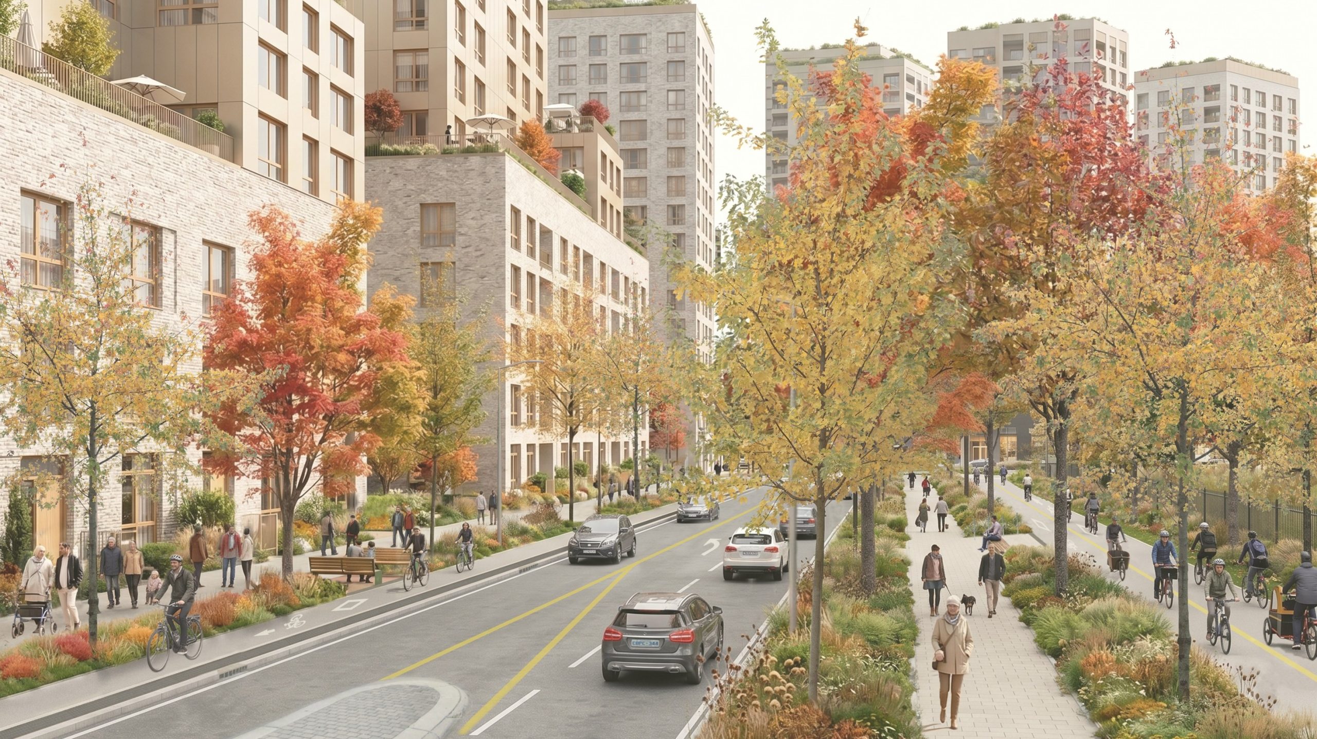 Rendering of Billy Bishop Way Extension with two travel lanes, a middle tunring lane, cycle tracks, wide sidewalks and multi-use path.