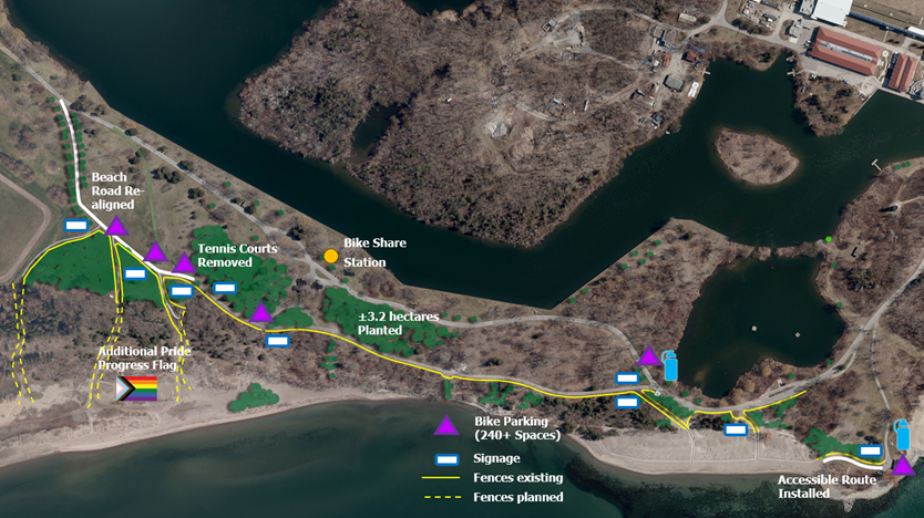 Aerial map of Hanlan’s Point showing completed improvements as of July 1, 2025. From left to right, labelled improvement areas include Beach Road realignment, an additional Pride Progress flag, tennis court removal, newly planted trees, bike facilities, water bottle filling stations and planned fencing. 