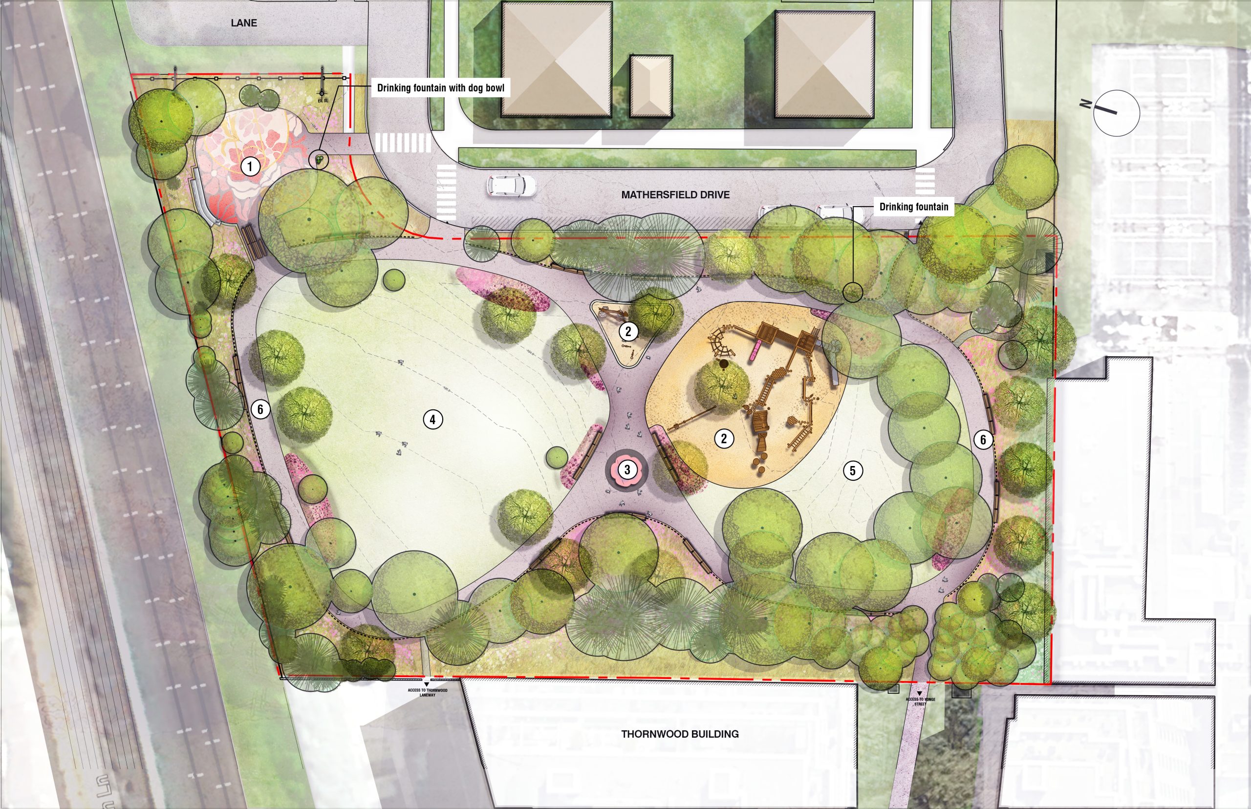 Plan view of the proposed design for Pricefield Park: A continuous accessible park pathway network creates two looping circuits that surround a large north lawn and a south lawn. The path is framed by a lush tree canopy and extensive planted garden beds that add greenery. At the centre of the park, where the two pathways meet is a large playground and a community gathering hub featuring a rose-inspired water basin and benches. The north side is a multi-use court featuring a bold floral-inspired ground mural.
