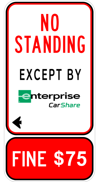 Regulatory parking sign stating No Standing Except by Enterprise CarShare to the left of the sign. A red panel at the bottom indicates a $75 fine for violations.