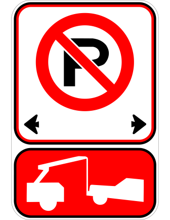 Regulatory sign indicating No Parking in both directions. A tow truck symbol below indicates vehicles parked in violation are subject to towing.