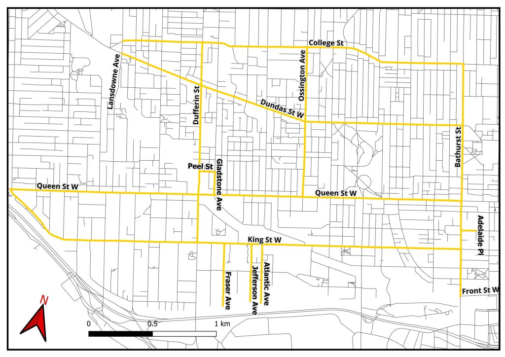 Map of area south of College Street between Roncesvalles Avenue and Bathurst Street. Impacted streets are highlighted in yellow and listed below.