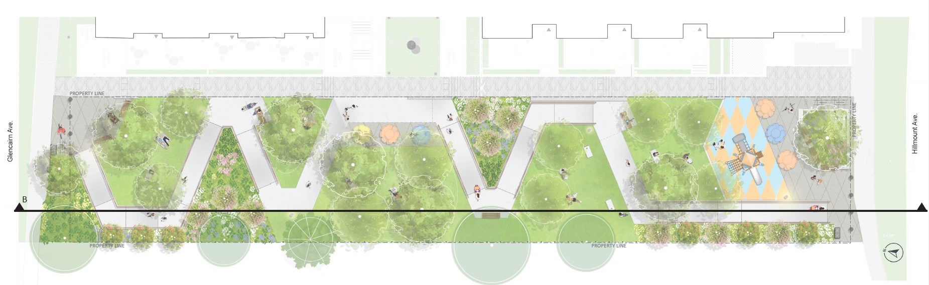 Site plan of the final design for the new park at 2788 Bathurst Street. A line extends across the image from left to right indicating the location of cross section B, running along the west side from the tree plantings near the north entry plaza on the right to the bottom of the south entry plaza on the right.