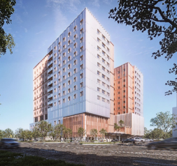 Rendering of a modern multi-storey long-term care home