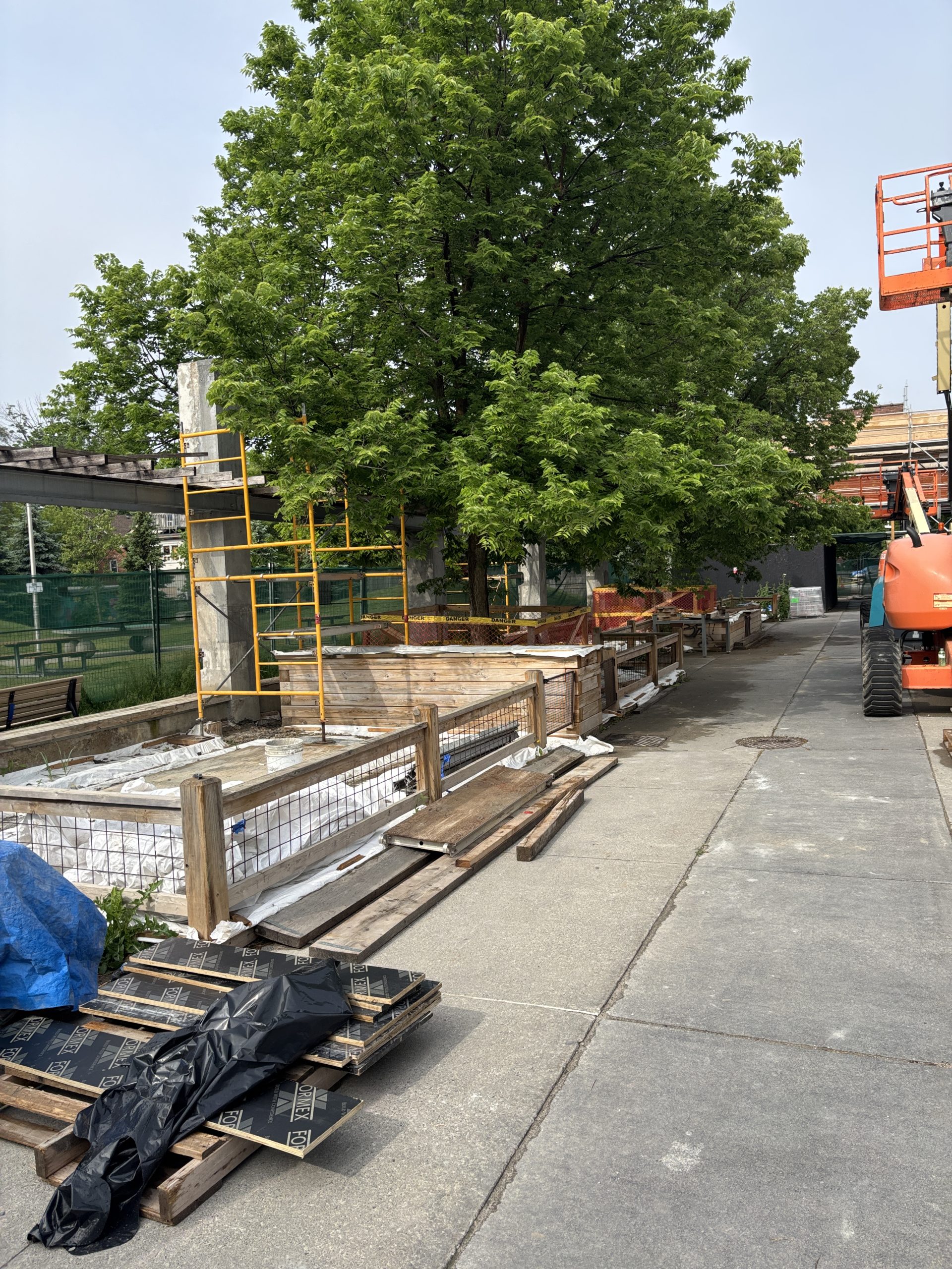 A construction site along a pathway at Wychwood Barns Park. On one side of the pathway, yellow scaffolding is installed around a concrete structure near wooden planter boxes and stacked materials. On the other side, an orange lift is parked.