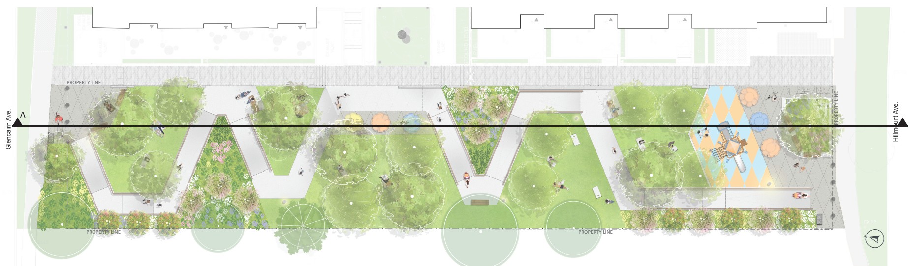 Site plan of the final design for the new park at 2788 Bathurst Street. A line extends across the image from left to right indicating the location of cross section A, running along the east side from the top of the north entry plaza on the right to the top of the south entry plaza on the right.