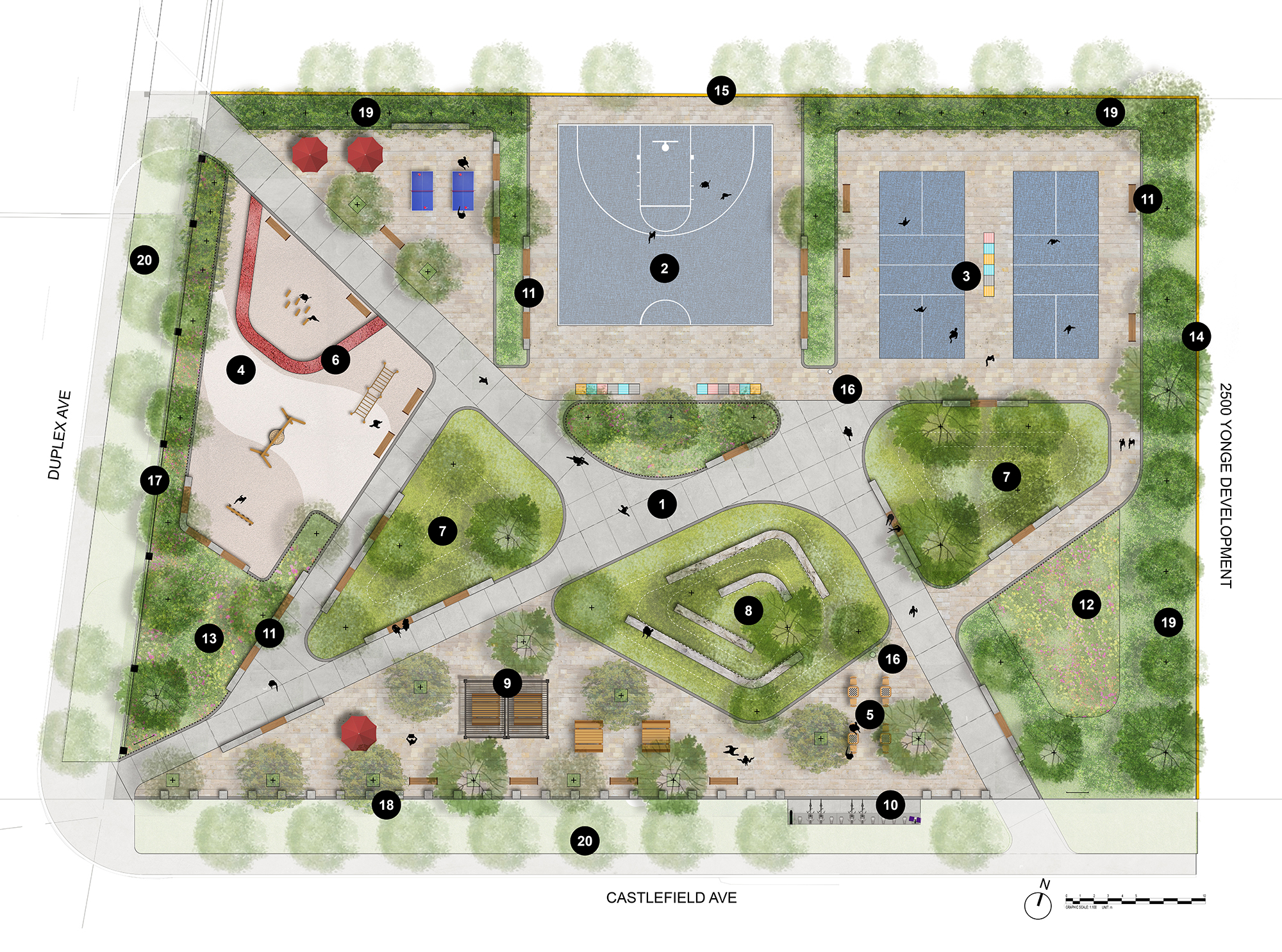 Site plan showing the final park design with numbers that correspond to the list of features after the image. The northern edge of the park includes active recreation features supported by seating and shaded edges, while the eastern edge includes a play area. Landscaped green areas and seating are distributed throughout.