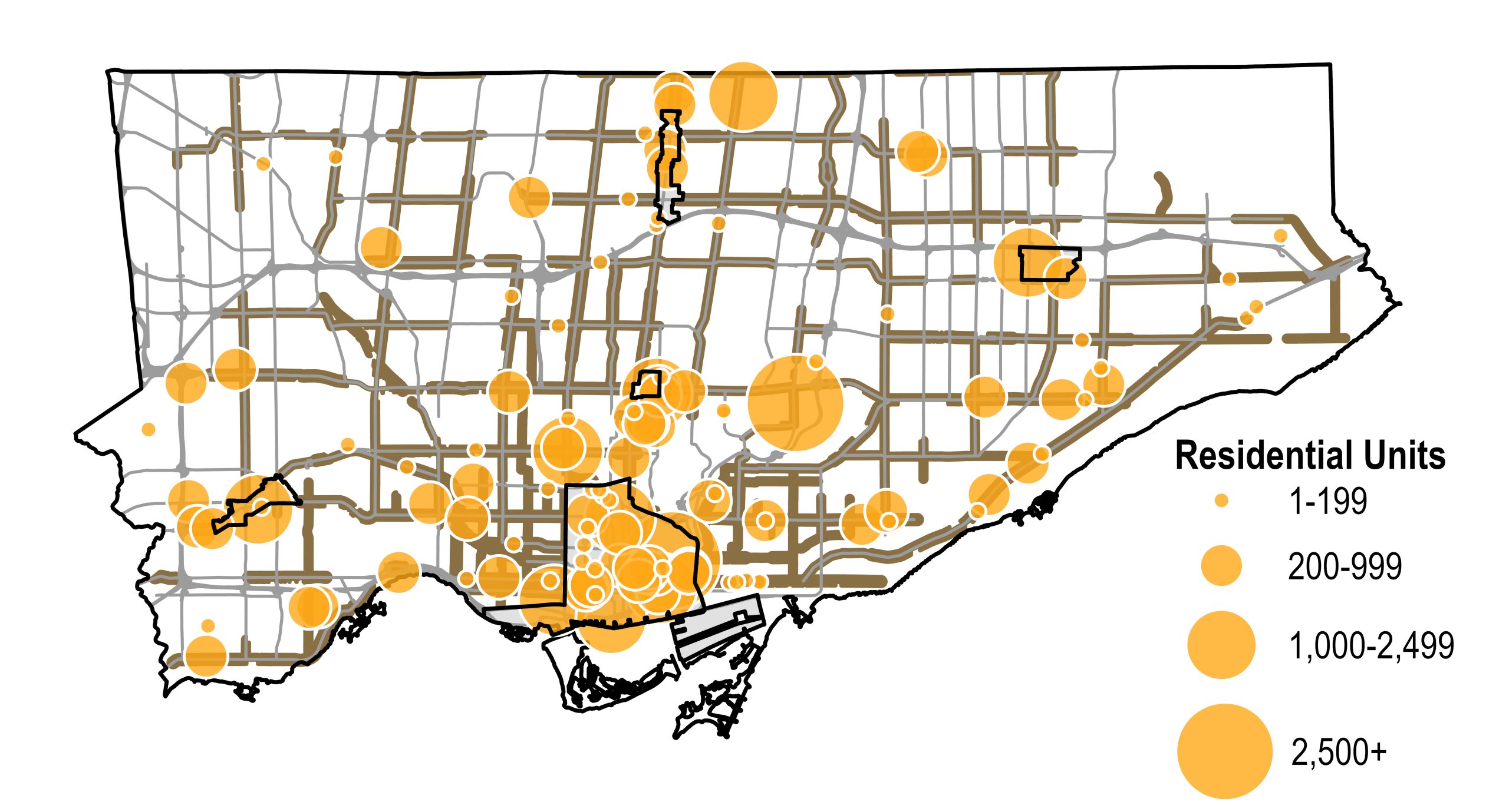 A map of Toronto showing the distribution of residential units at the permit application stage, represented by yellow-orange circular symbols of varying sizes. Circle sizes correspond to four unit ranges shown in the legend: 1–199, 200–999, 1,000–2,499, and 2,500 or more units. Permit application activity is more limited than other stages, with clustering mainly in the downtown area, and fewer, smaller circles scattered across midtown and elsewhere across the city. Black outlined areas highlight specific focus locations within the city: Downtown and the Central Waterfront, the four Centres: Yonge Eglinton Centre, North York Centre, Etobicoke Centre and Scarborough Centre.