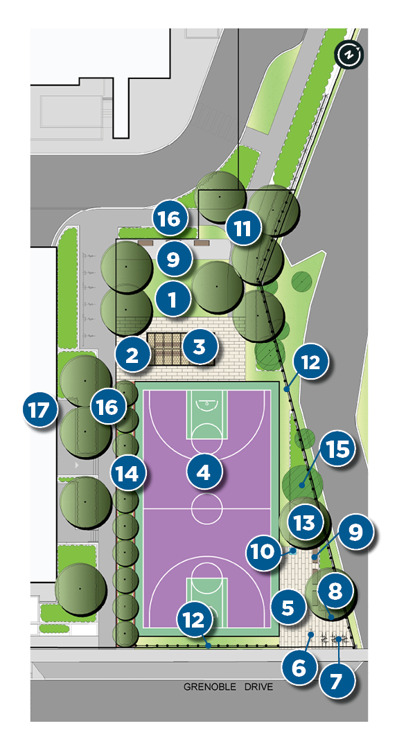 Concept plan for Design Option 2 with numbers that correspond to the list of features immediately after the image. The plan shows a compact urban park centred around a full-sized basketball court. A landscaped lawn and gathering space are located at the north end.
