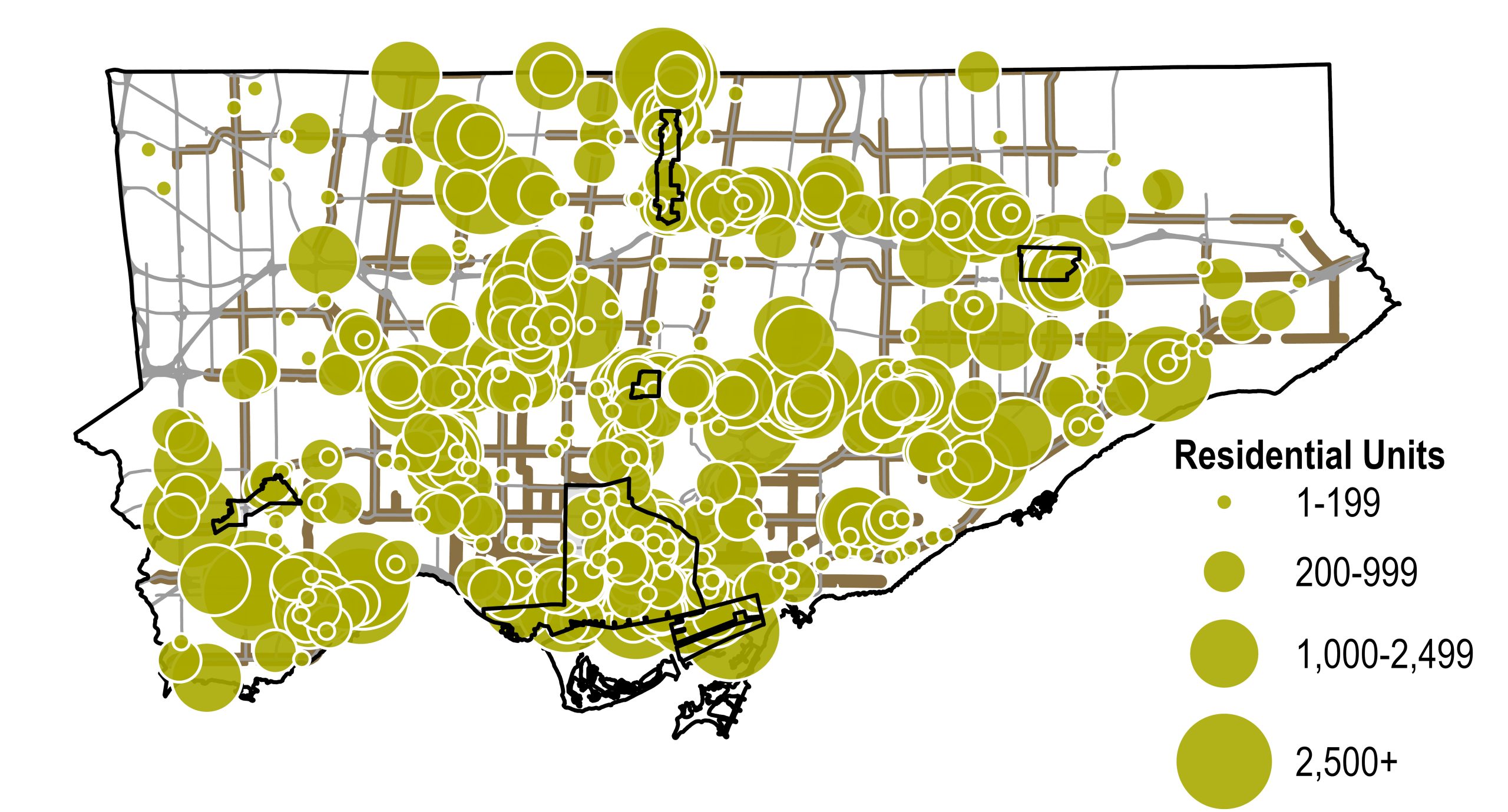 A map of Toronto showing the distribution of proposed residential units using green circular symbols of varying sizes. Larger circles represent higher numbers of proposed units, with four size categories shown in the legend: 1–199, 200–999, 1,000–2,499, and 2,500 or more units. Circles are densely clustered in the downtown area, along the waterfront, and around major east–west and north–south corridors, with smaller projects dispersed across the city. Black outlined areas highlight specific focus locations within the city: Downtown and the Central Waterfront, the four Centres: Yonge Eglinton Centre, North York Centre, Etobicoke Centre and Scarborough Centre.