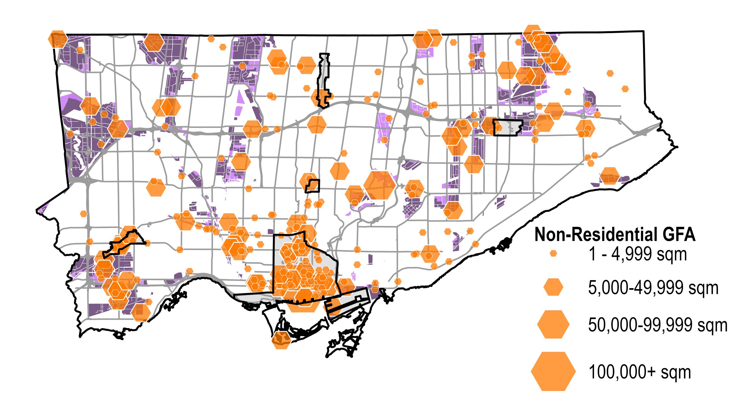 A map of Toronto illustrating non residential gross floor area with permits issued, displayed using dark orange hexagonal symbols scaled by size to indicate total floor area. The legend groups projects into four categories: 1–4,999 square metres, 5,000–49,999 square metres, 50,000–99,999 square metres, and 100,000 square metres or more. Issued non residential space is concentrated primarily in the downtown area and several major employment areas, with additional mid and small scale projects distributed along key corridors across the city. Purple shaded areas in the background represent employment areas. Black outlined areas highlight specific focus locations within the city: Downtown and the Central Waterfront, the four Centres: Yonge Eglinton Centre, North York Centre, Etobicoke Centre and Scarborough Centre.